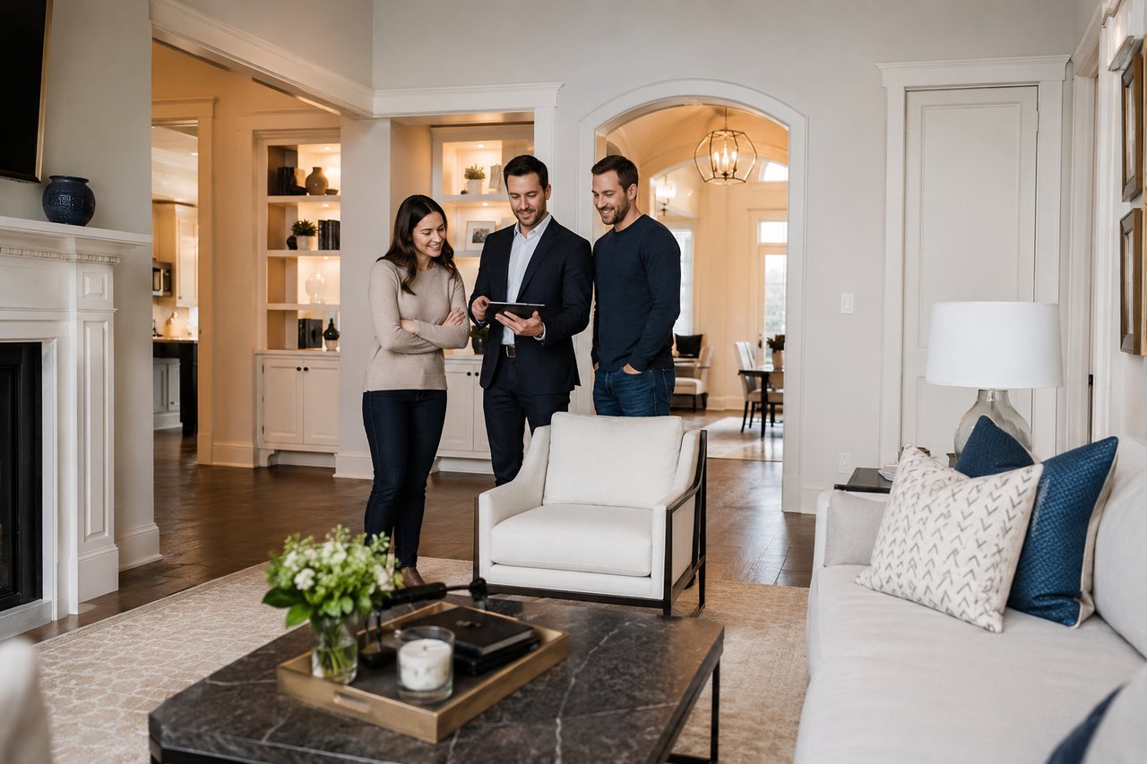 Luxury real estate agent meeting with homeowners in a beautifully staged, high-end Nashville living room, discussing a home selling strategy inside a bright, modern luxury residence.
