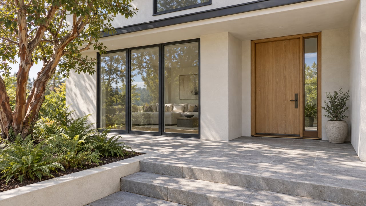 Sunlit stucco and oak entry beside tall closed glazing, with stone steps and a cinnamon-barked specimen tree.