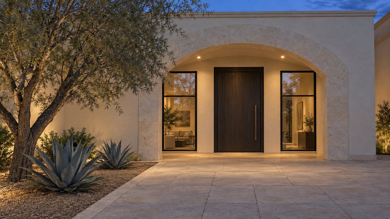 A softly lit arched entry with a dark oak door, pale masonry, and sculptural dry-climate planting at blue hour.
