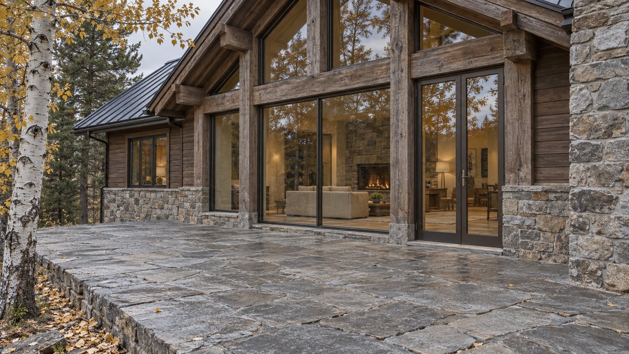 Weathered timber and stone home with tall enclosed windows opening visually onto a broad stone terrace, beside a yellow-leaved aspen.