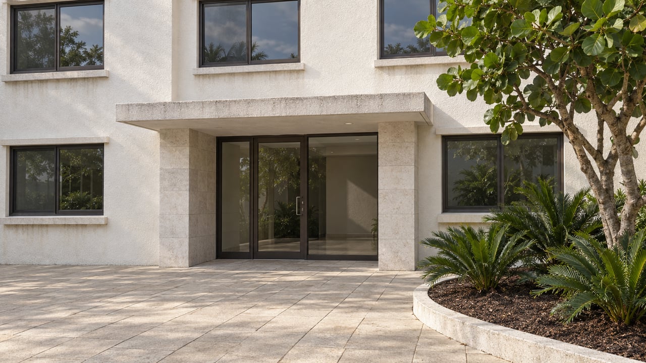 Sunlit condominium entrance with warm-white stucco, bronze-framed glazing, sand-colored pavers, and a sea grape tree in a curved planting bed.