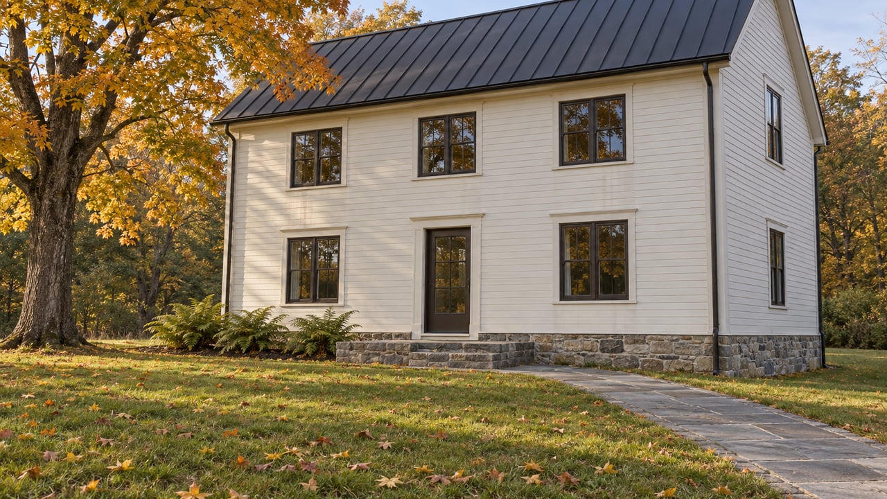 An ivory clapboard house with a dark gabled roof, stone foundation, and bluestone approach across an autumn lawn beside an amber sugar maple.