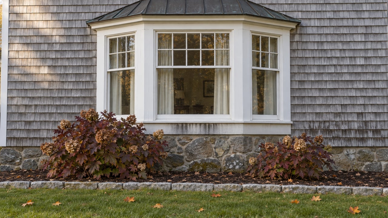 White-trimmed bay window on a weathered cedar-shingle home, above a fieldstone foundation and burgundy oakleaf hydrangeas.