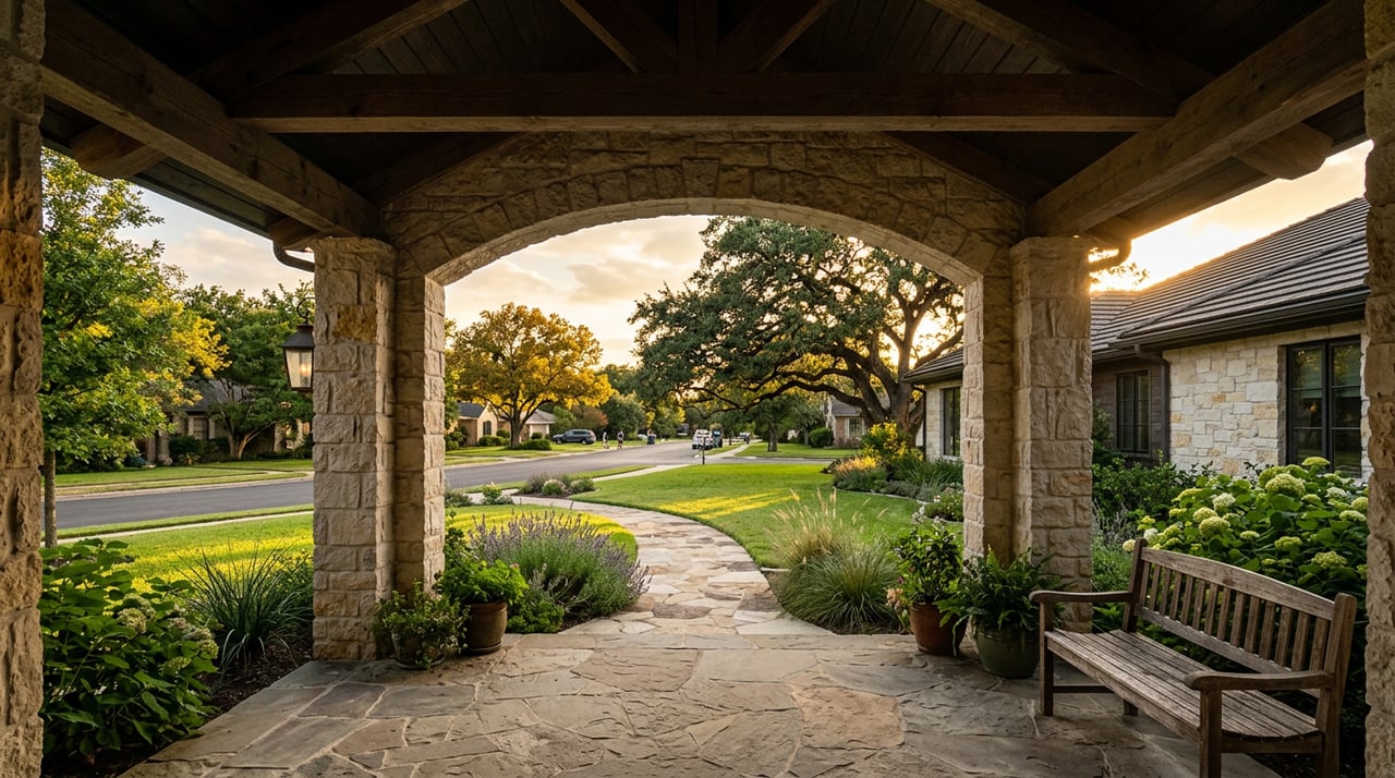 Home viewed through a stone arch, with timber beams overhead and a tiled roof and live oak glowing in sunset light.