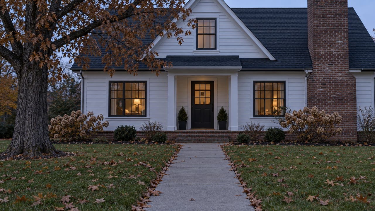 White clapboard house with brick chimney, warm windows, autumn tree, and straight concrete approach.