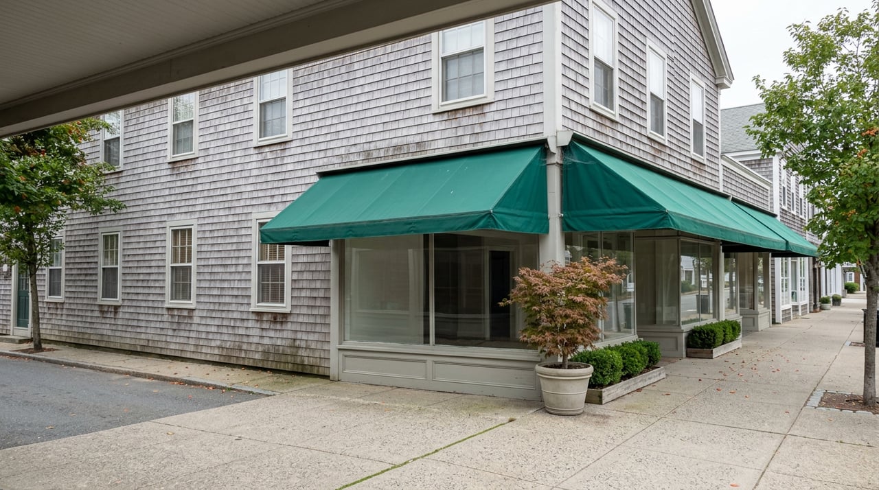 Two-story shingle-clad storefronts with deep-green awning, street trees, and orange-red leaves on the sidewalk.