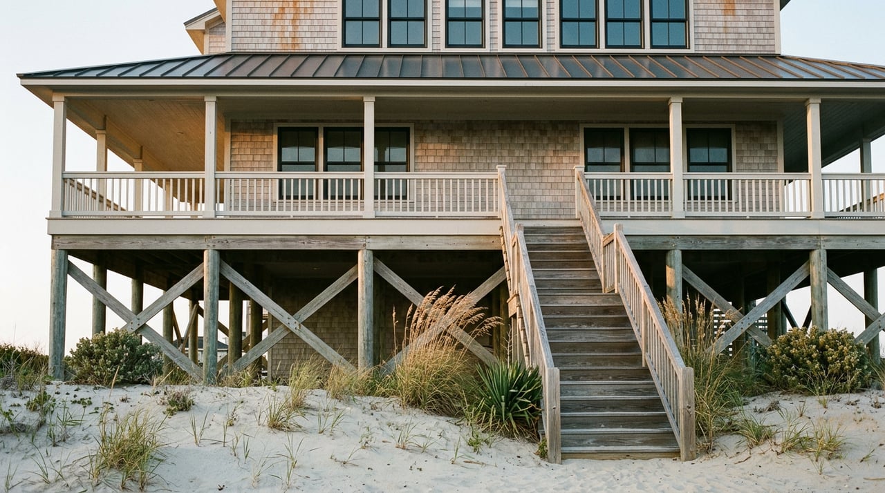 Elevated shingle-sided coastal home on cross-braced pilings, with timber stairs rising through dune grasses.