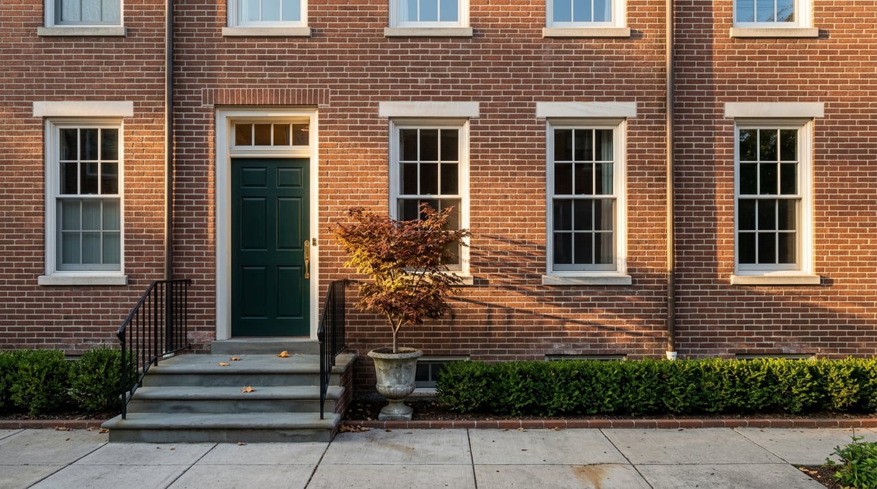 Red-brown brick rowhouse with a green door, bluestone stoop, wrought-iron rail, and sunlit Japanese maple.