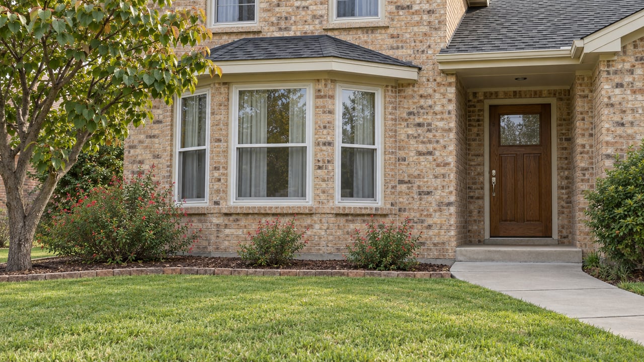 Low view across a front lawn toward a buff-brick home with white-framed bay windows, a recessed oak entry and a branching redbud tree.