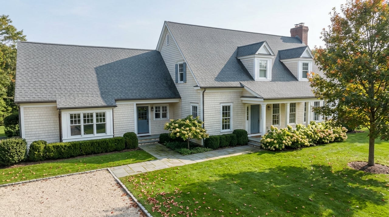 Shingle-style house with a covered portico, dormers, brick chimney, and a lower integrated wing behind a broad lawn.