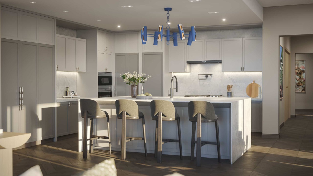 Modern kitchen with gray cabinetry, a stone island, four bar stools, and a blue pendant light.