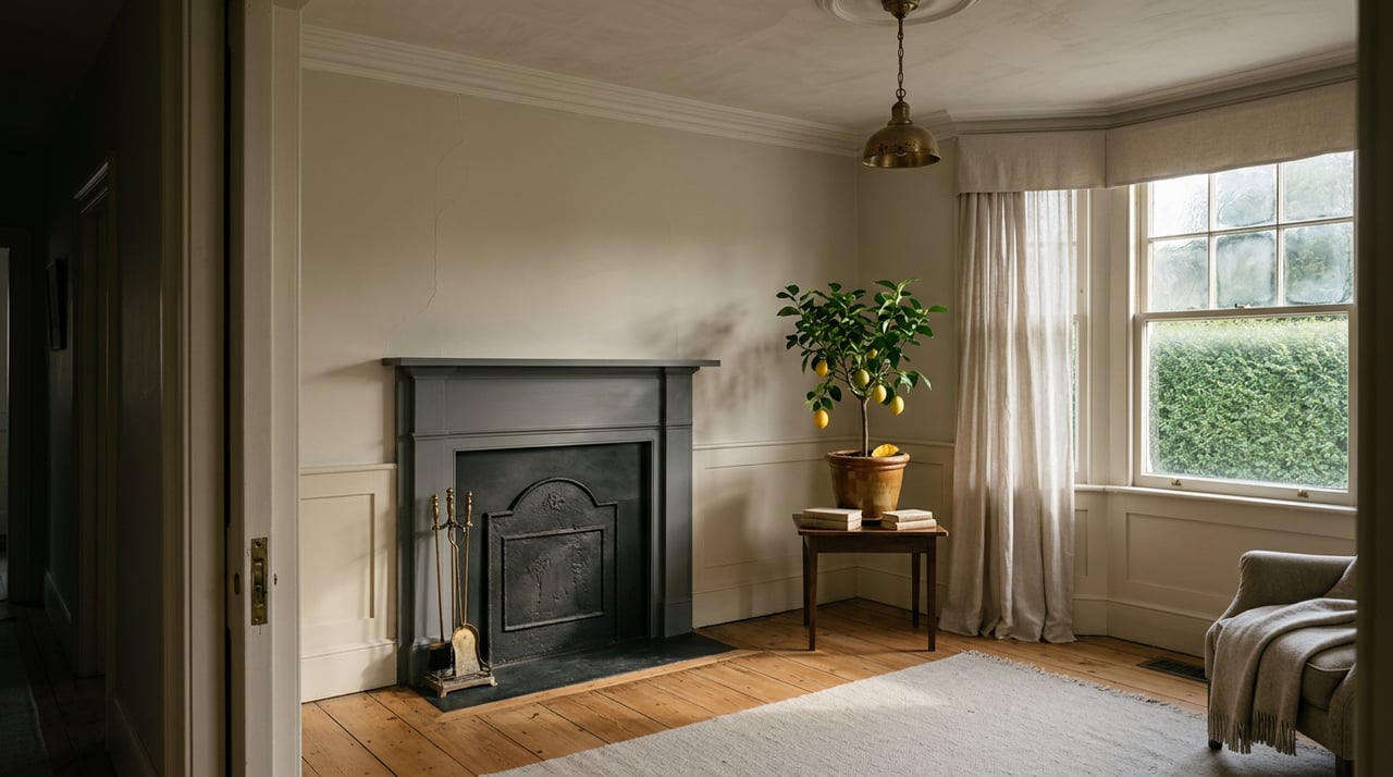Traditional parlor with a charcoal mantel, honey-toned plank floors, and a potted lemon tree beside a bay window.