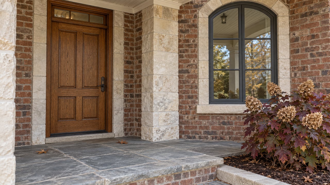 Covered brick-and-limestone home entrance with an oak door, arched window and burgundy oakleaf hydrangea.