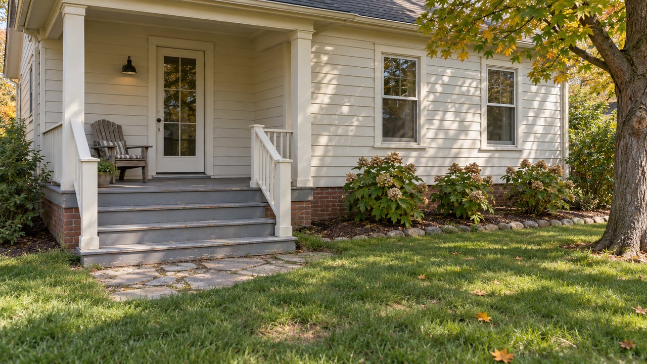 Ivory clapboard bungalow with a covered rear porch, flagstone approach, and open lawn beneath a maple beginning to turn amber.
