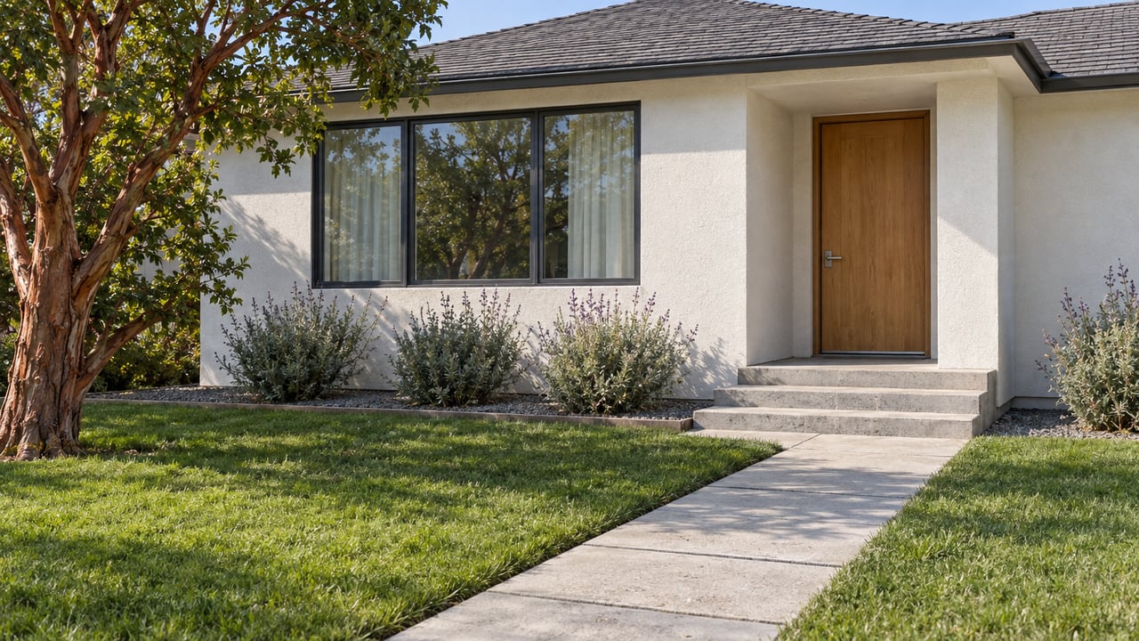 Updated white-stucco home with dark-framed windows, an oak entry door, concrete steps, a deep green front lawn, and sculptural planting in afternoon light.