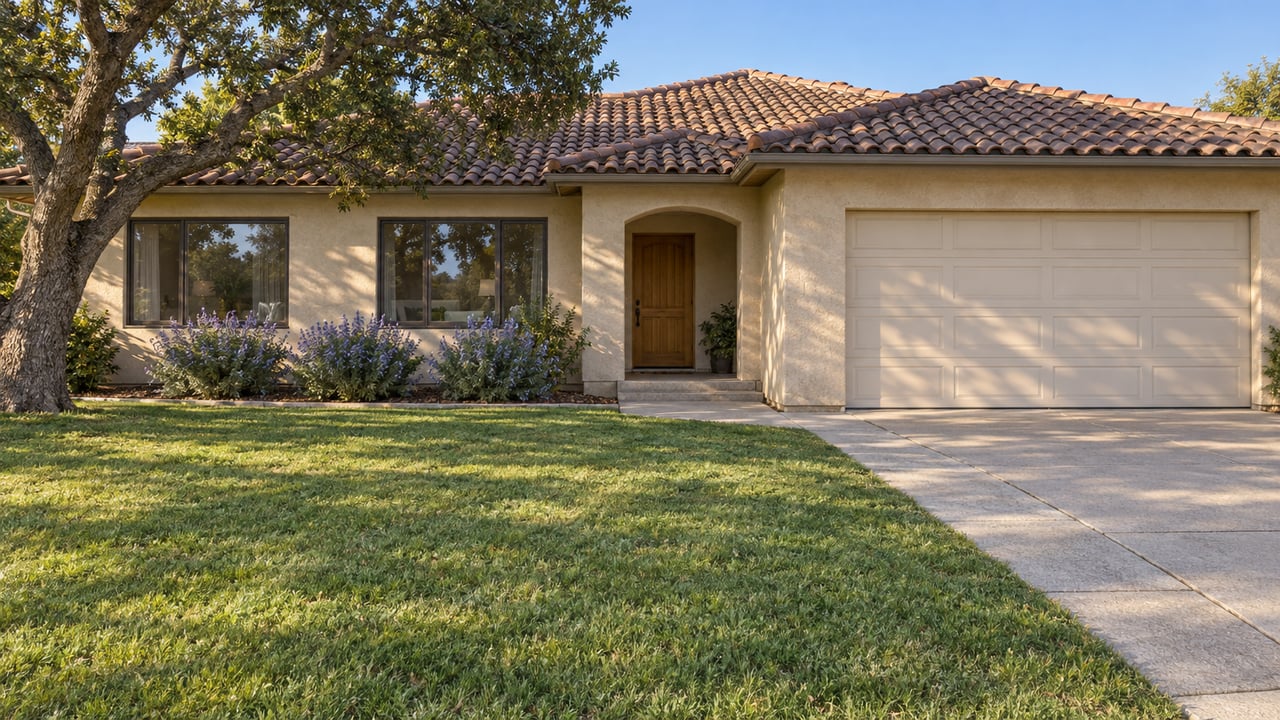 Single-story sand-colored stucco home with a brown clay-tile roof, shaded entry, mature oak, and deep front lawn.