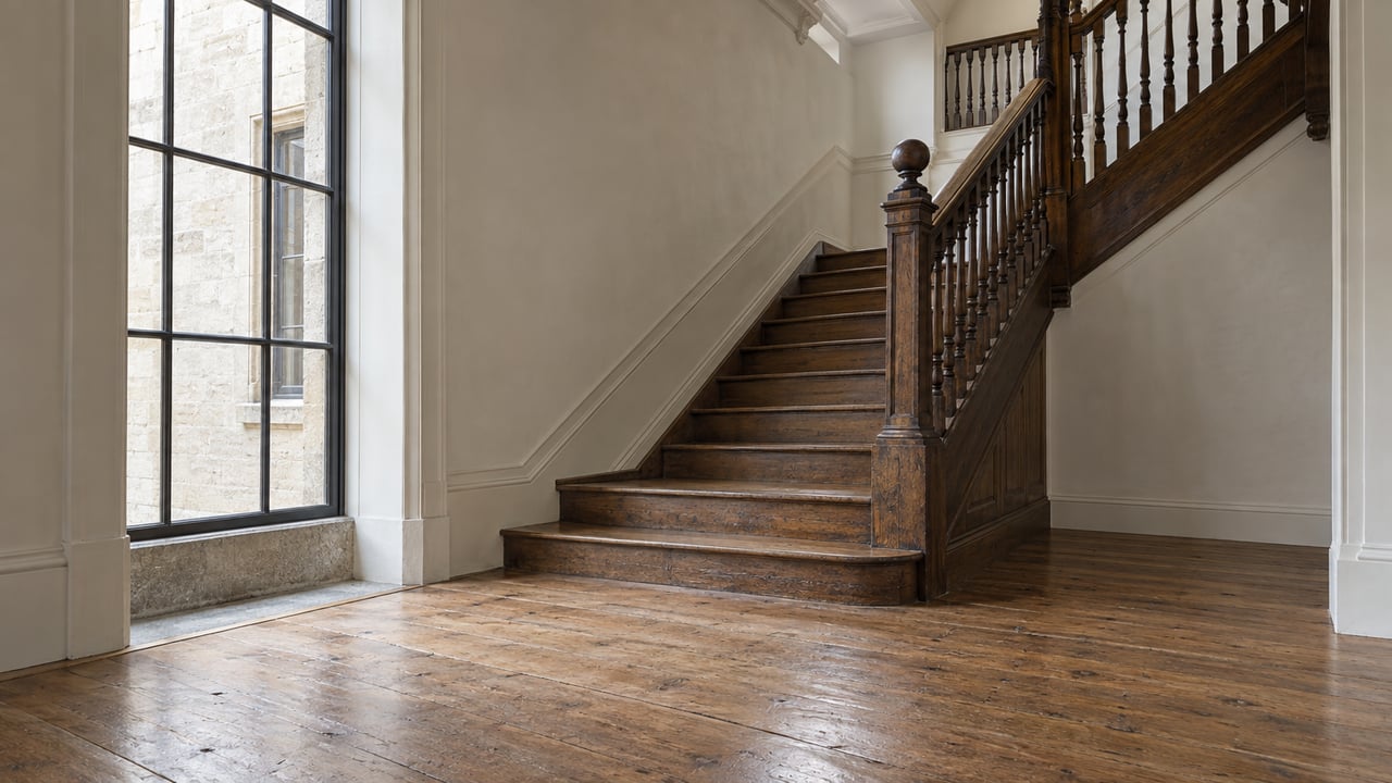 Oak staircase with turned balusters beside a tall steel-mullioned window in a plaster-walled hall.