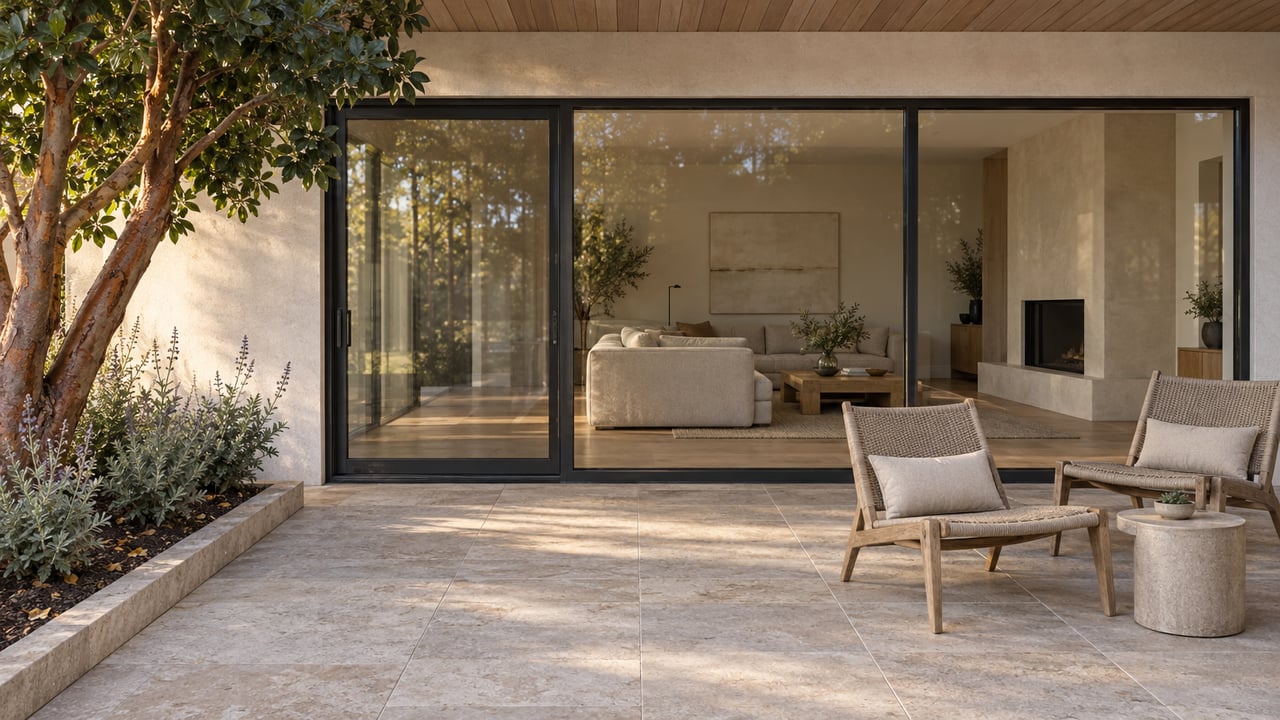 A limestone terrace with teak chairs faces a glass-enclosed living room, beside a sculptural tree in a raised-edge planting bed.