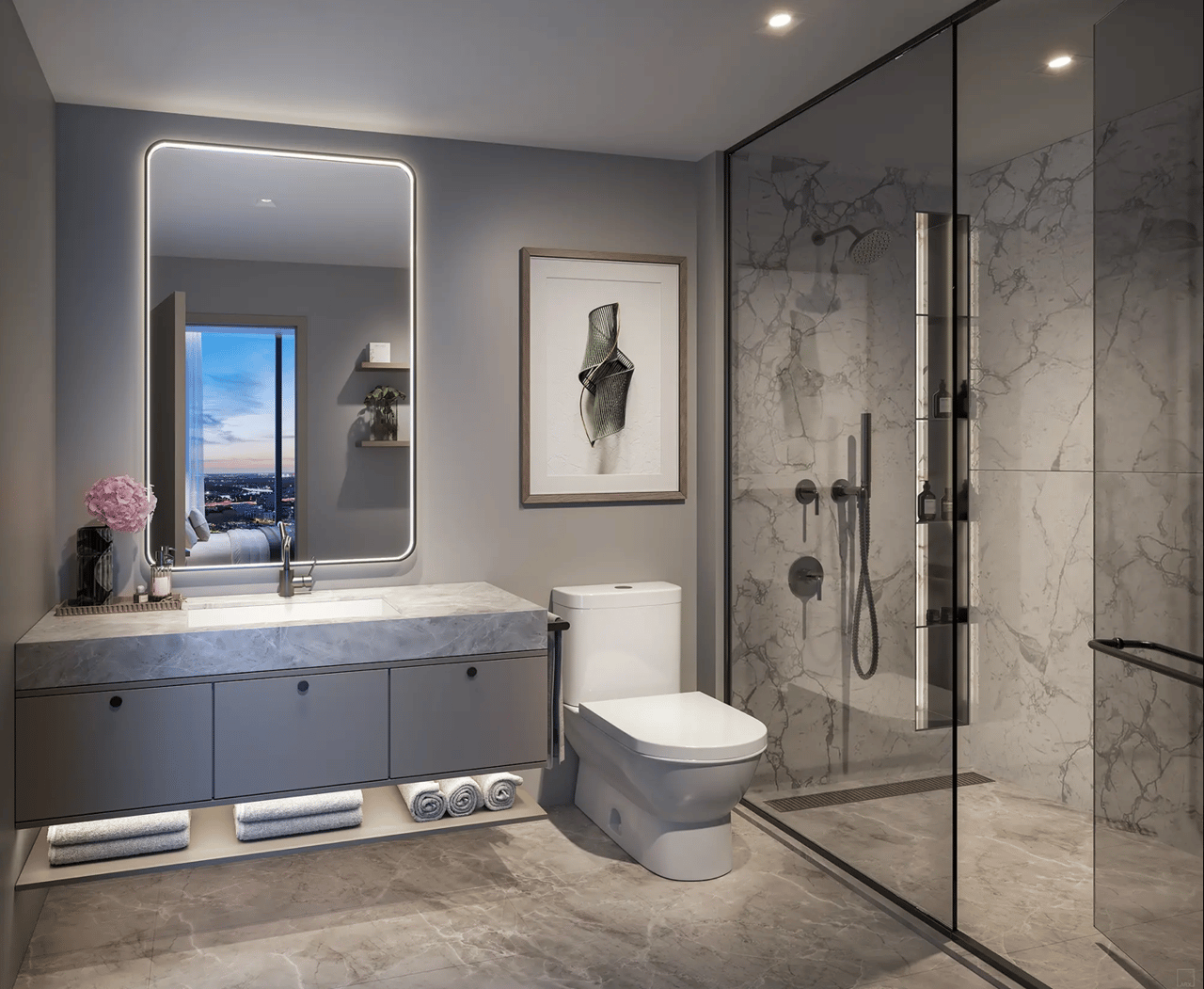 rendering of contemporary bathroom with marble at hotel ora and private residences Downtown Tampa