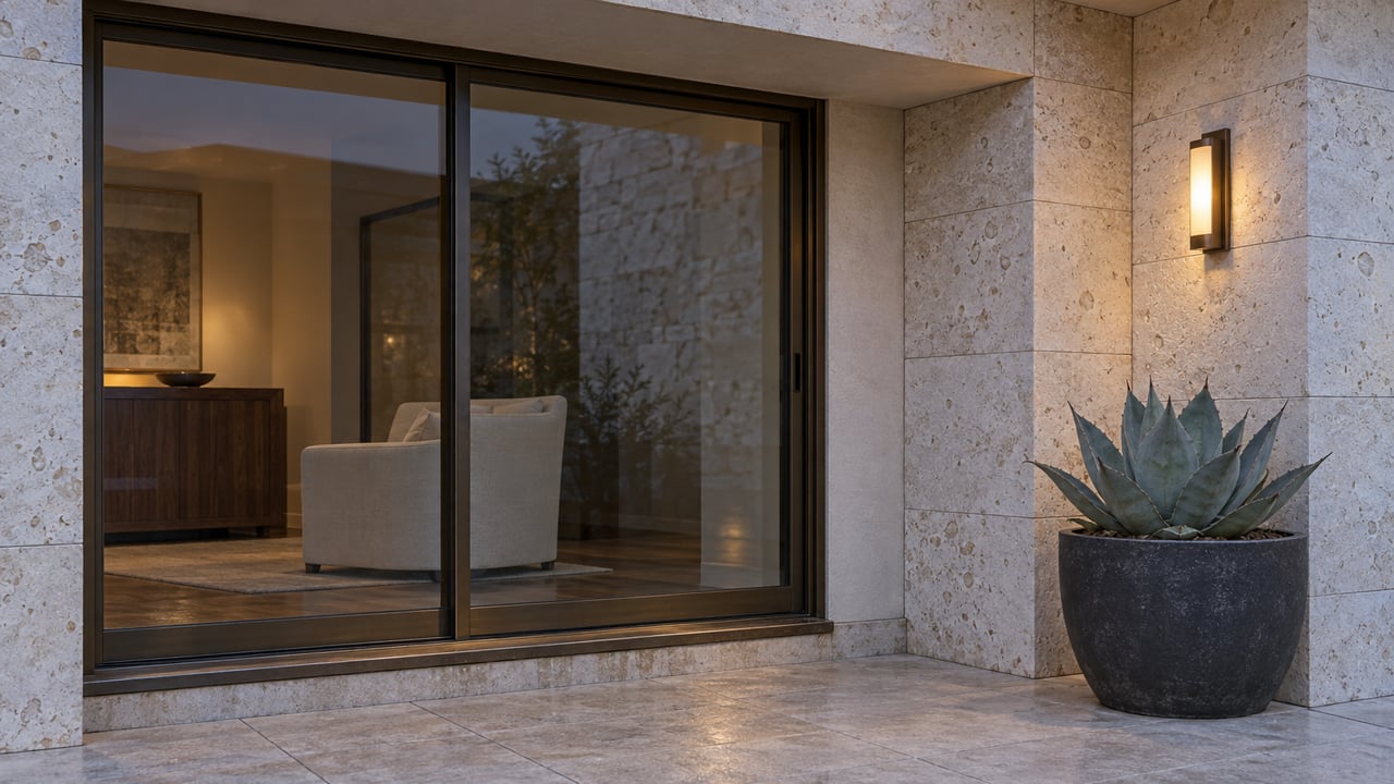 Dusk light on a limestone condominium terrace with bronze-framed glass doors, a warm wall sconce and one blue-gray agave in a ceramic planter.