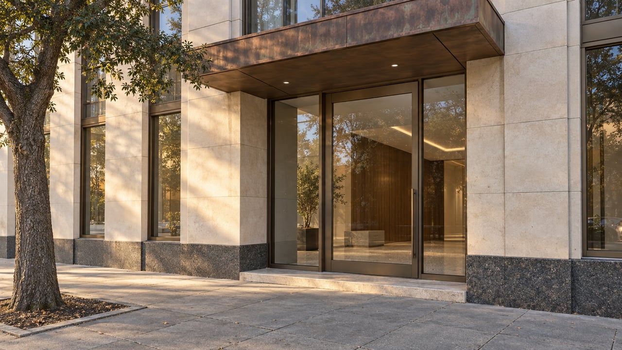 Recessed glass entrance beneath a copper canopy, framed by limestone piers and a mature live oak.