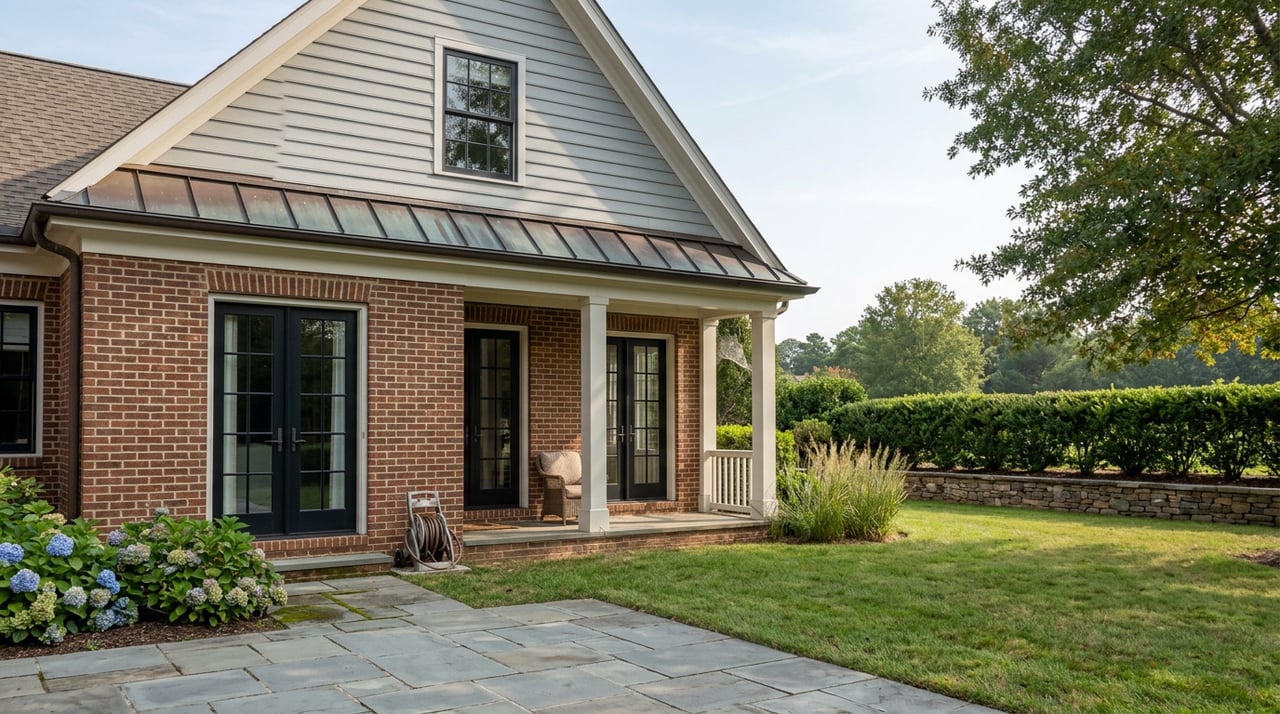 Estate home with brick and gray siding, a columned veranda, bluestone terrace, and landscaped lawn.
