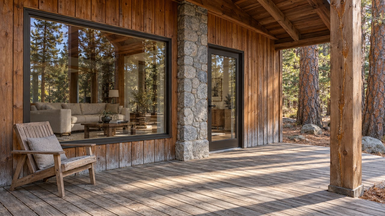 Weathered cedar deck beneath deep timber eaves, beside a granite pier and bronze-framed residential windows in clear autumn light.