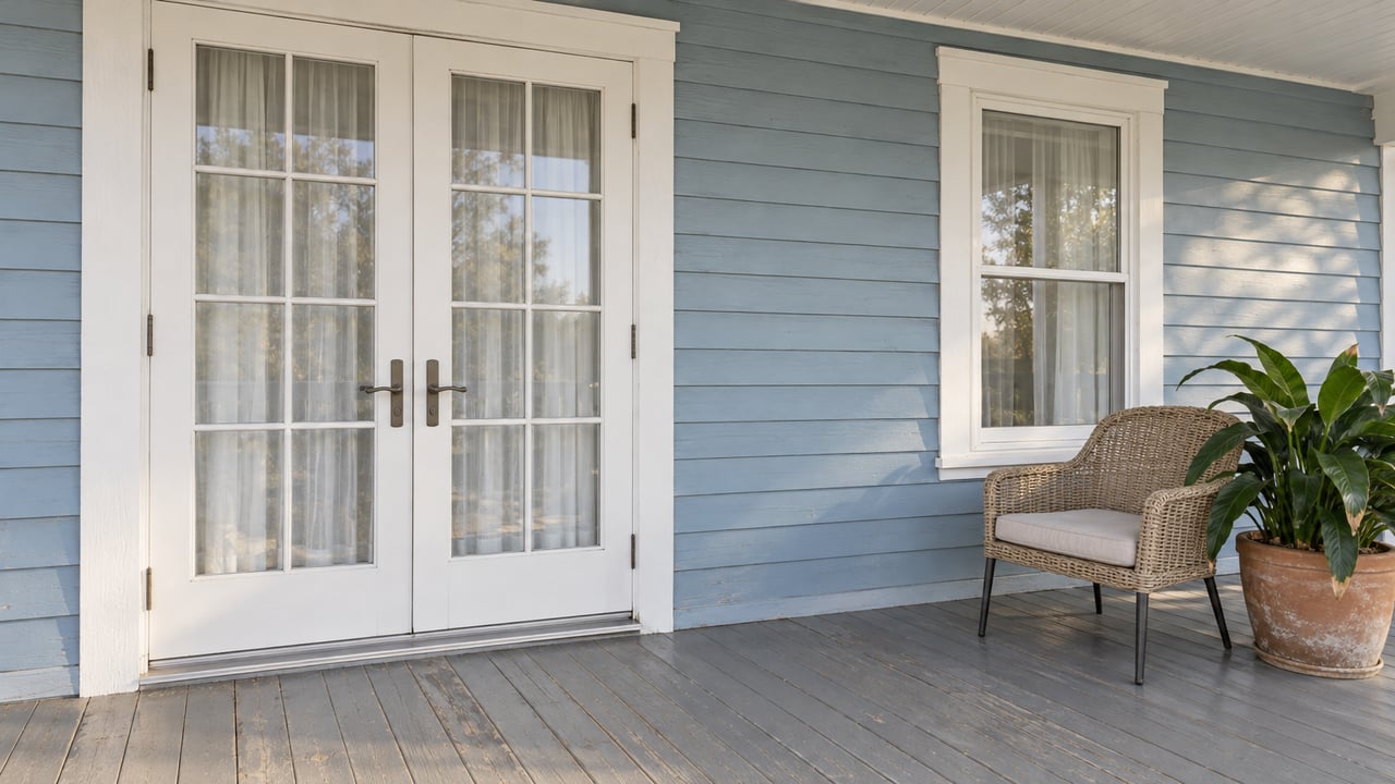 Pale blue clapboard porch with white French doors, a woven chair, and a potted cast-iron plant in soft afternoon light.