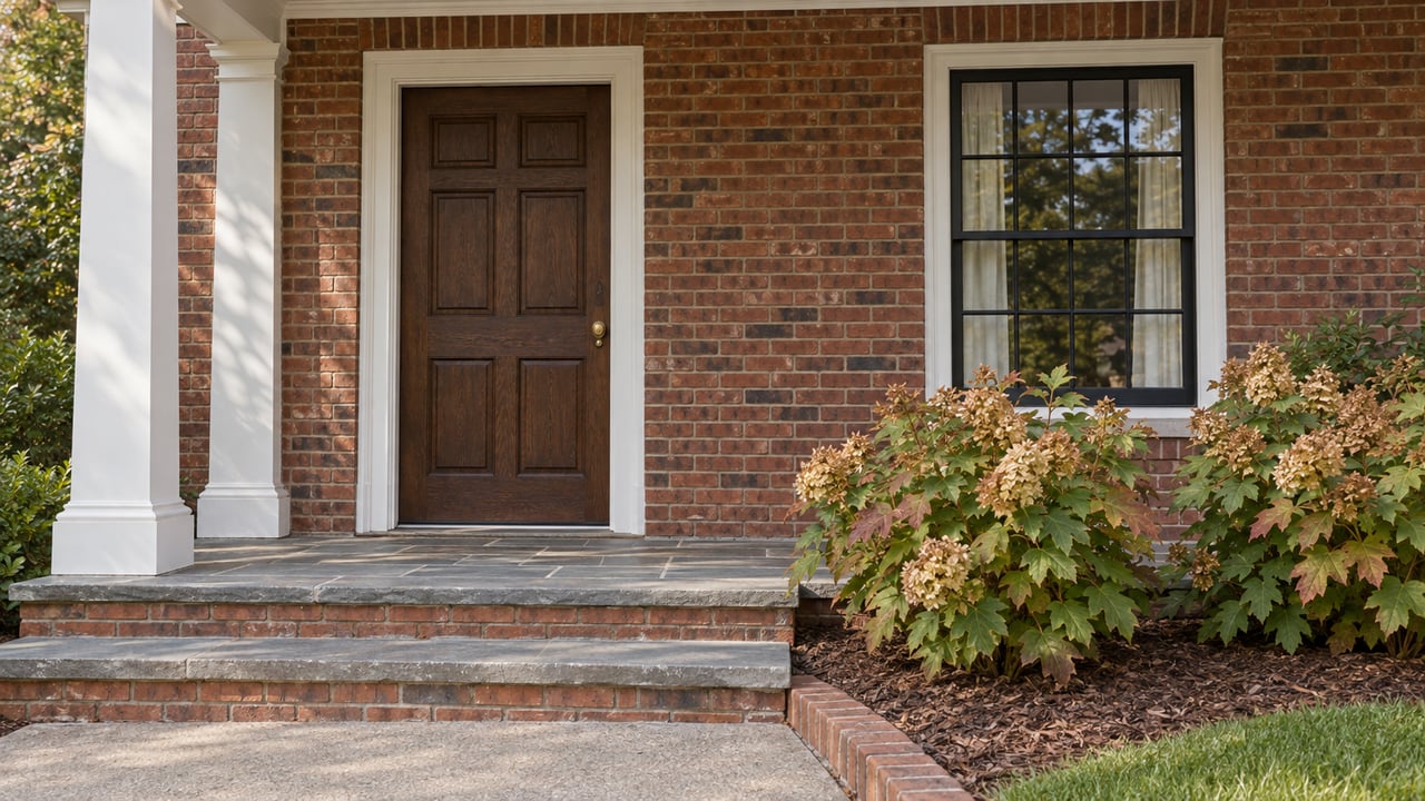 Brick home entry with a dark oak door, white porch column, stone steps and oakleaf hydrangeas.