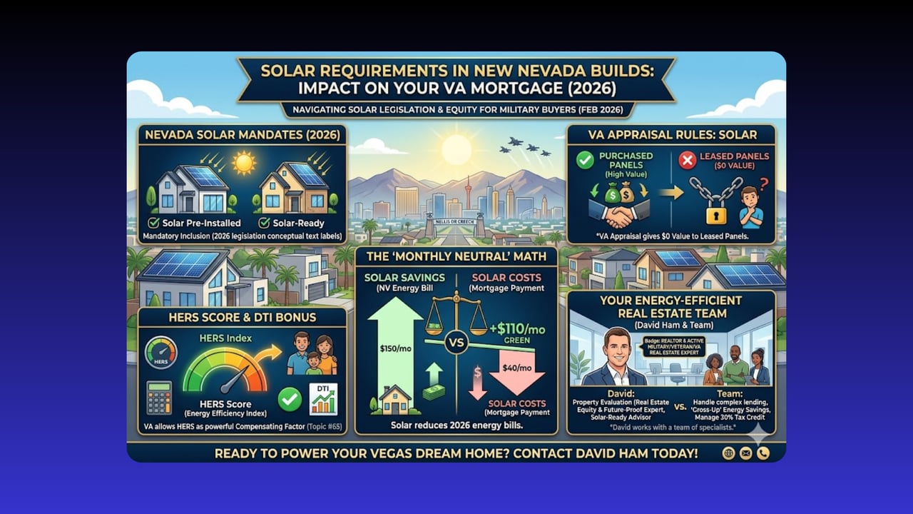 Infographic comparing Nevada solar requirements, VA appraisal rules, and monthly costs for new homes.