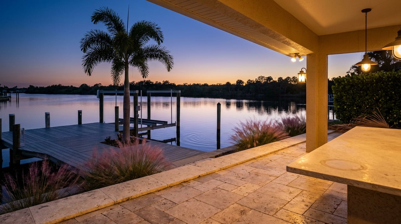 Bronze lanai sconces and pendants glow above a canal, with a dock and palm silhouetted against the dusk sky.