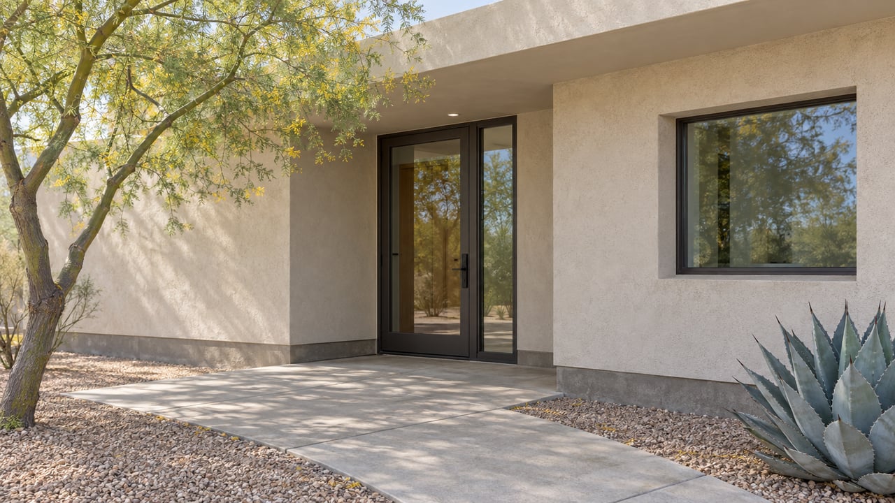 Desert-modern home entry with a dark-framed glass door, pale stucco, gravel bed, and sparse desert plants.