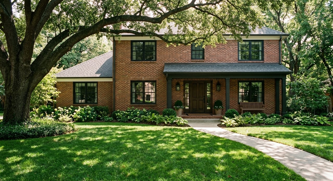 Red-brick house with black steel windows, limestone steps, and a curved walk beneath oak branches.