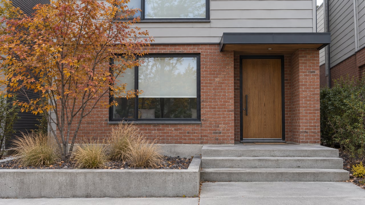 Brick and pale-sided attached-home entrance with oak door, concrete steps and amber autumn serviceberry foliage.