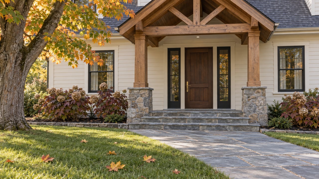An ivory clapboard home with a timber-gabled stone porch, bluestone approach, and amber maple foliage.