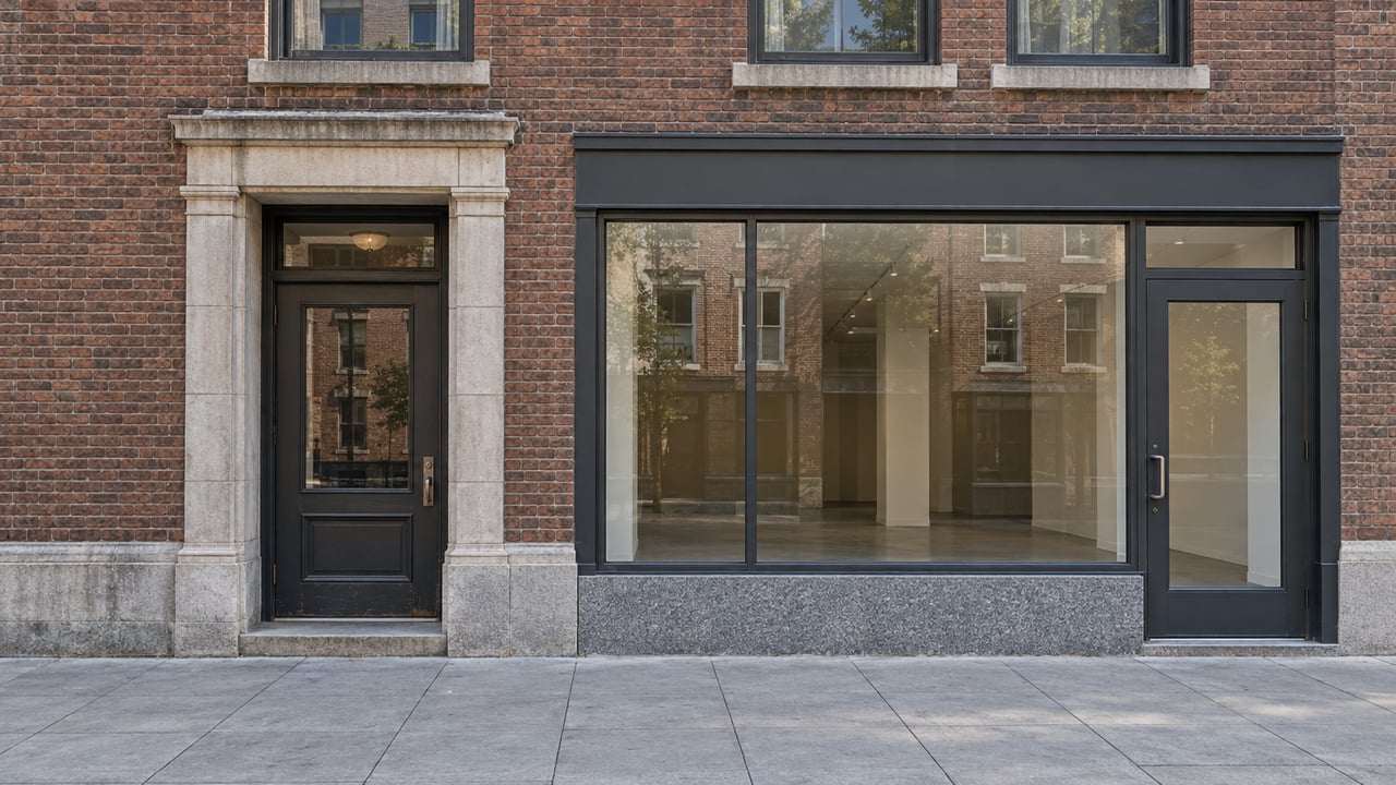 Brown-red brick mixed-use facade with limestone window trim, a recessed residential doorway, and a dark-framed storefront above gray pedestrian paving.