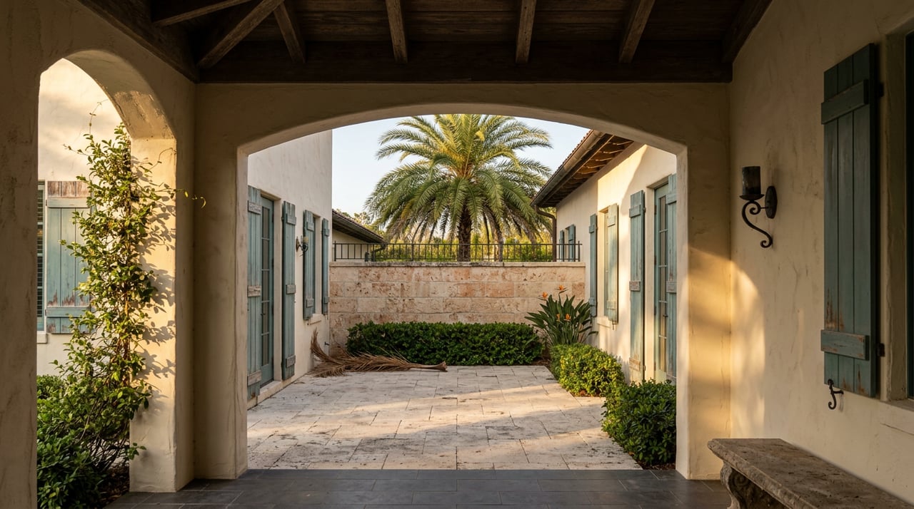 Sunlit limestone courtyard framed by a stucco arch, with teal shutters, a palm, and a shaded loggia.