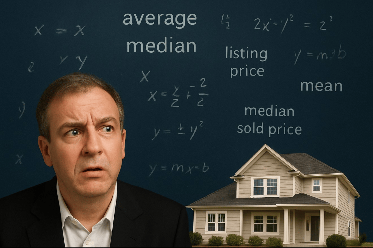 Confused middle aged male in the foreground with a traditional style two story home in the background along with equations data terms and variables floating around demonstrating how confusing real estate analysis can seem