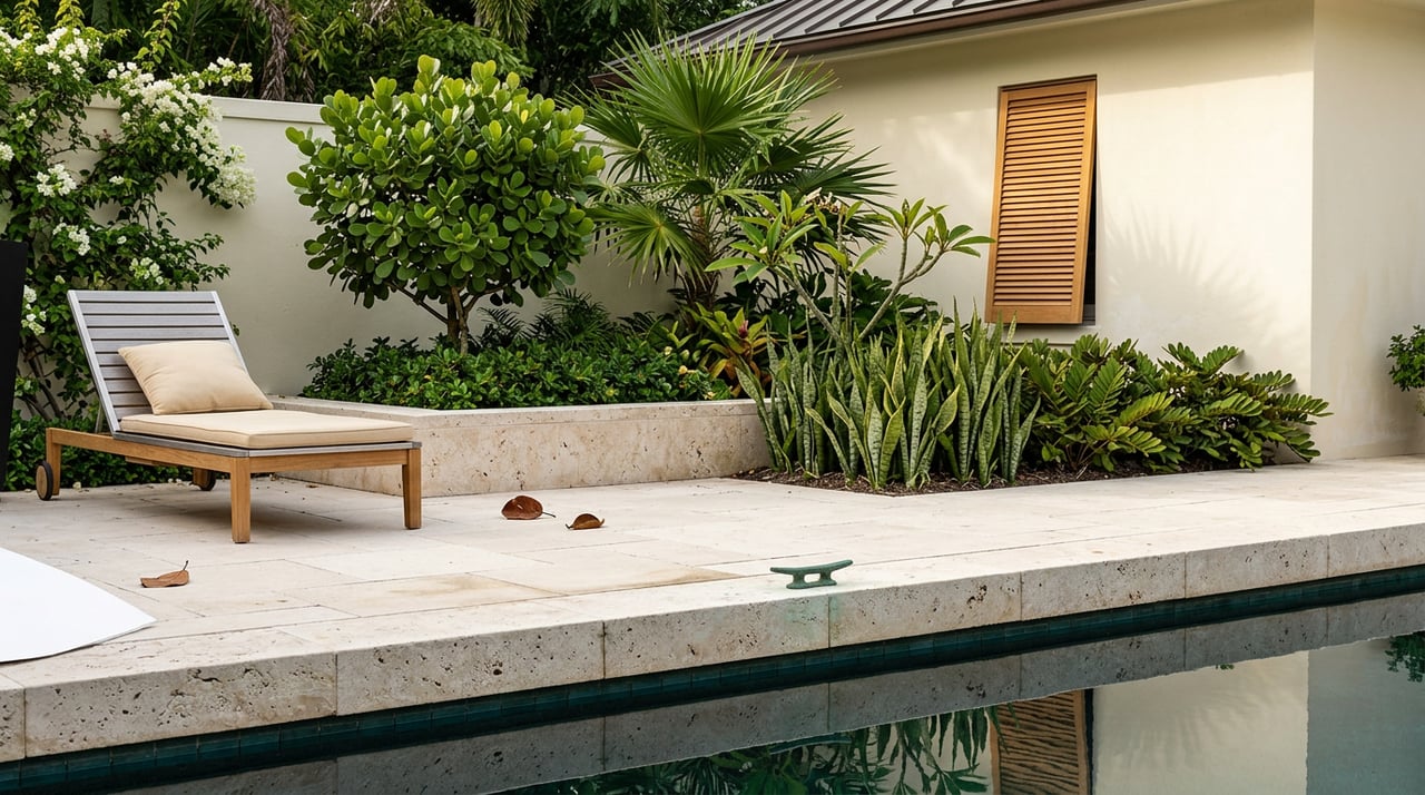 Canal-side terrace with coral-stone coping, teak lounger, cream stucco, and dense tropical planting.