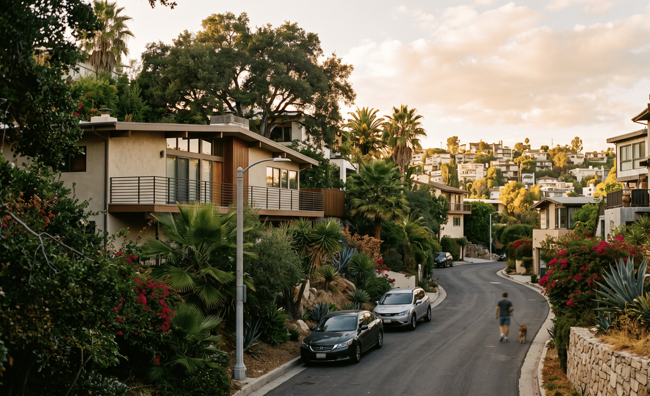 Curving, tree-lined residential street with modern homes, hillside houses, and a person walking a dog.