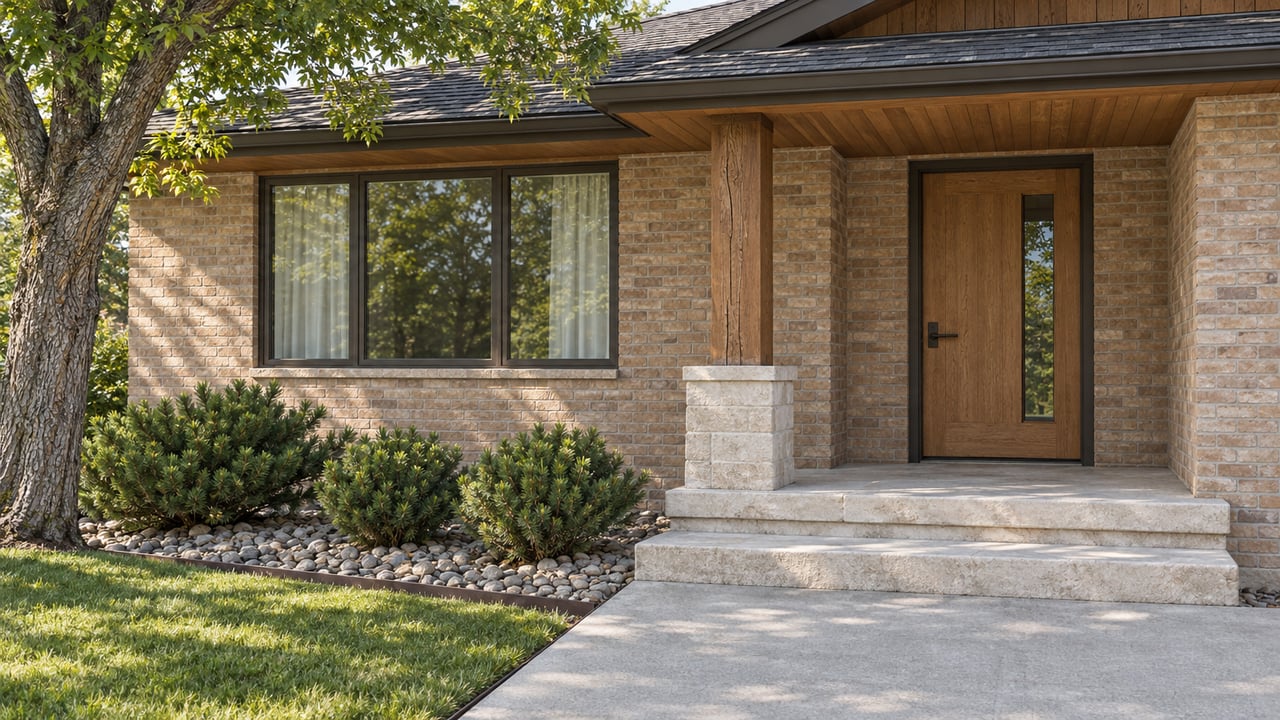 Buff-brick home's sheltered oak entrance with cedar porch trim, limestone steps and established planting in clear morning light.