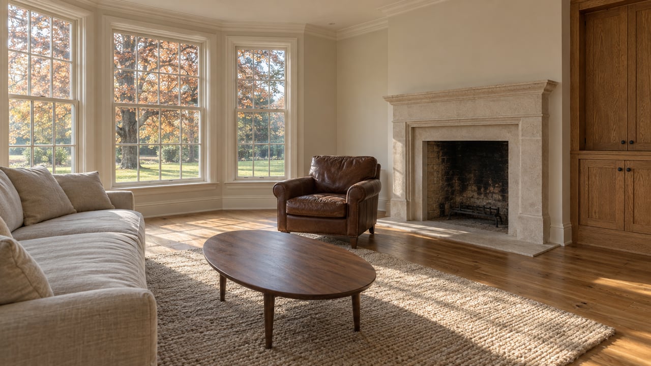 Sunlit sitting room with oak floors, a limestone fireplace, linen sofa and autumn oak visible through tall windows.