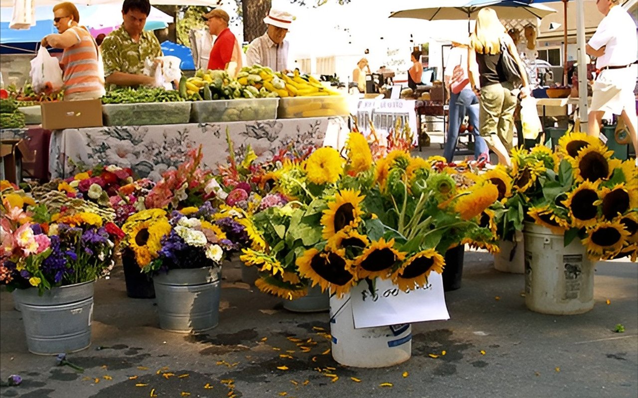 Shoppers browse an outdoor farmers market behind buckets of colorful flowers and sunflowers.