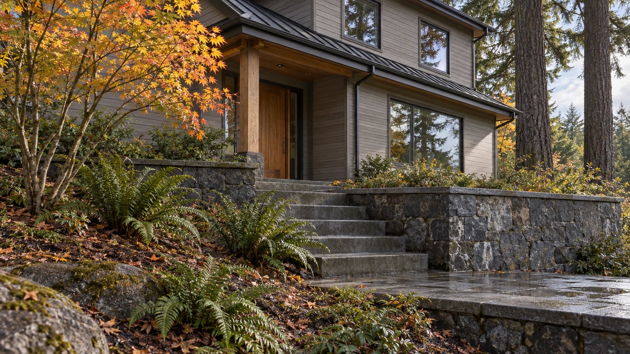 Wood-sided hillside home with dark-framed windows, a basalt entry terrace, and autumn vine maple beside mature evergreens.