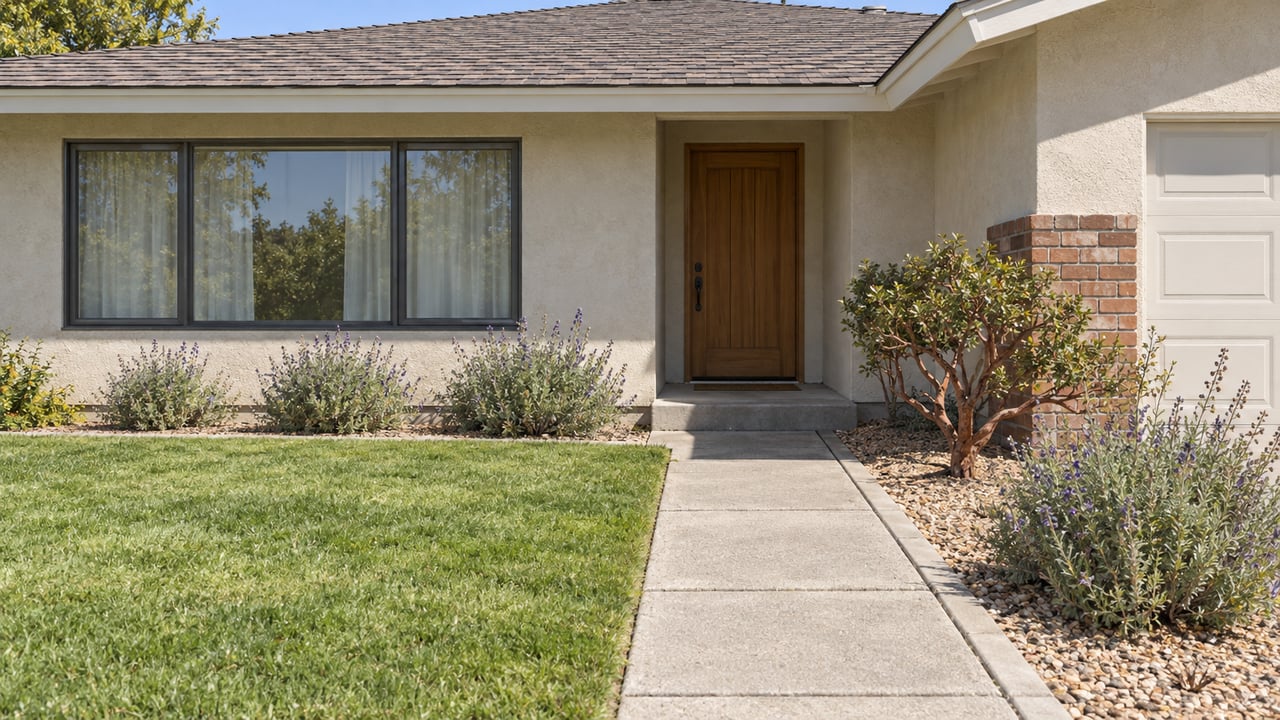 A well-kept single-story stucco home with a recessed wood entry, broad living-room window, concrete approach and drought-tolerant planting.