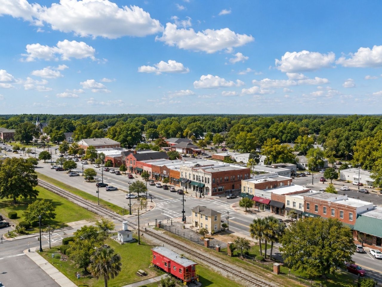 Aerial view of a small-town downtown with storefronts, railroad tracks, and tree-lined streets.