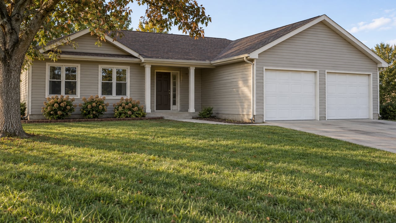 A well-kept single-story home with taupe siding, two garage doors and a deep autumn lawn beneath a mature oak.