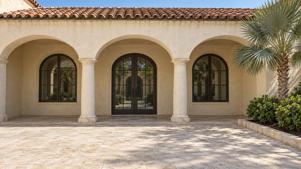 Sunlit ivory stucco loggia with terracotta roof, bronze-framed arched glazing, pale limestone terrace, and a silver fan palm in a curbed planting bed.