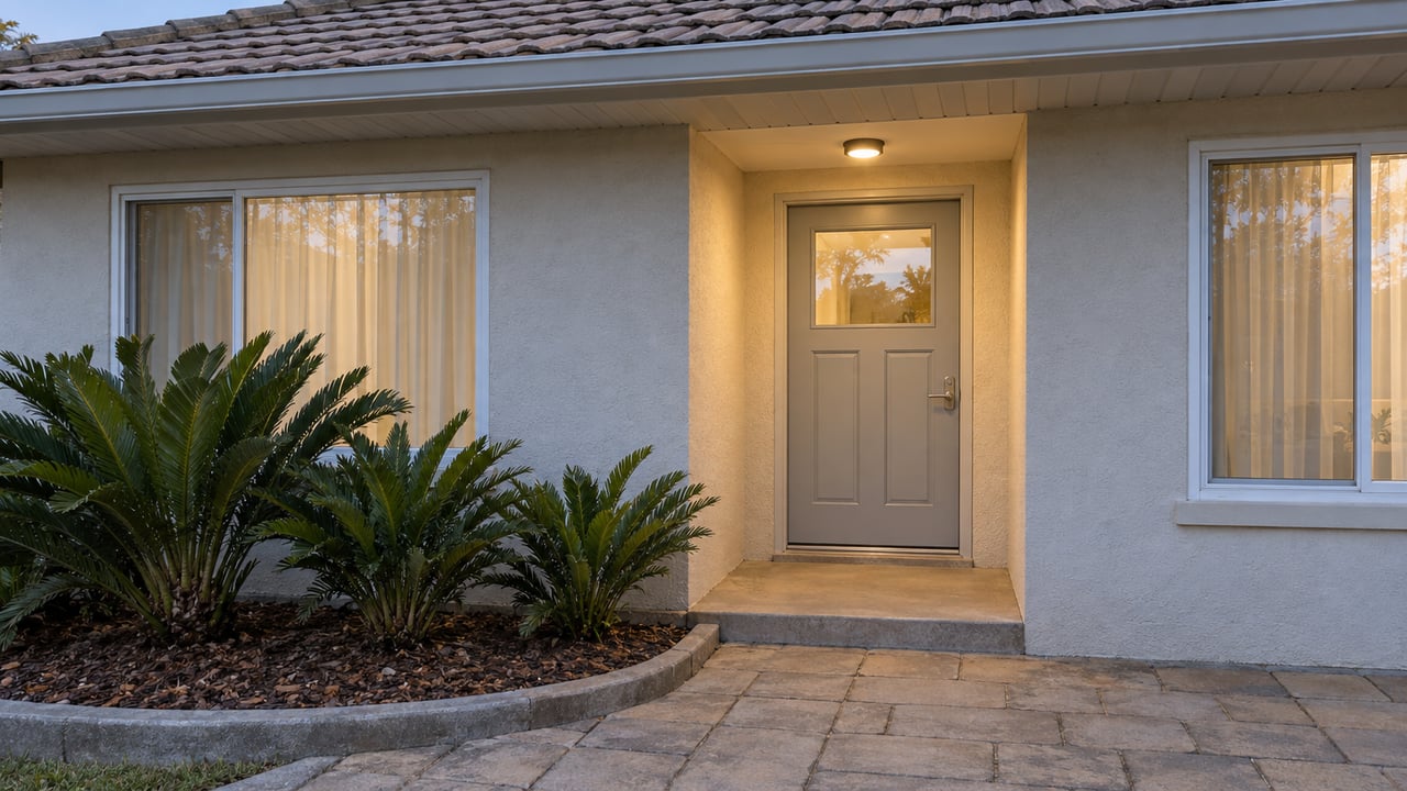 Cream stucco home entrance at dusk, with warm porch lighting, pale gray door, two windows and coontie beside a weathered paver approach.