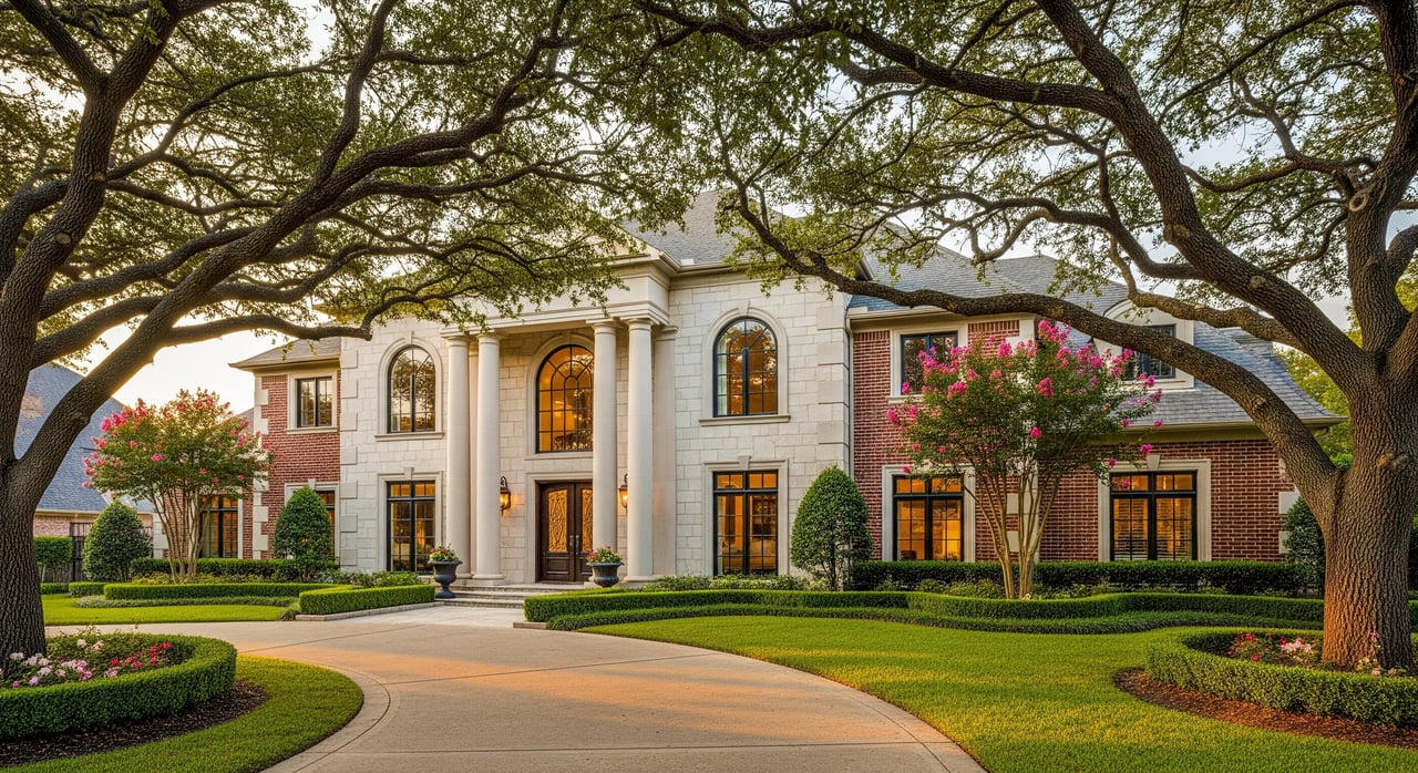 Large brick-and-stone house with tall columns, framed by sprawling oak branches and landscaped gardens.